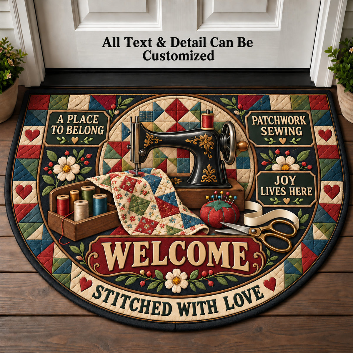 Patchwork Sewing Personalized Half Round Mat | 5To9Vibe