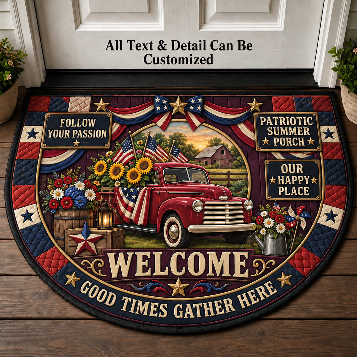Patriotic Summer Porch Personalized Half Round Mat | 5To9Vibe