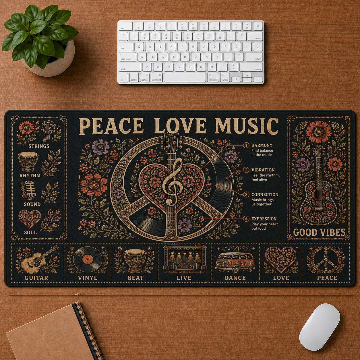 Retro Headphones Hippie Desk Mat Mouse Pad | 5To9Vibe - Peace Love Music style