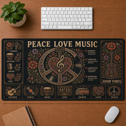 Retro Headphones Hippie Desk Mat Mouse Pad | 5To9Vibe - Peace Love Music style