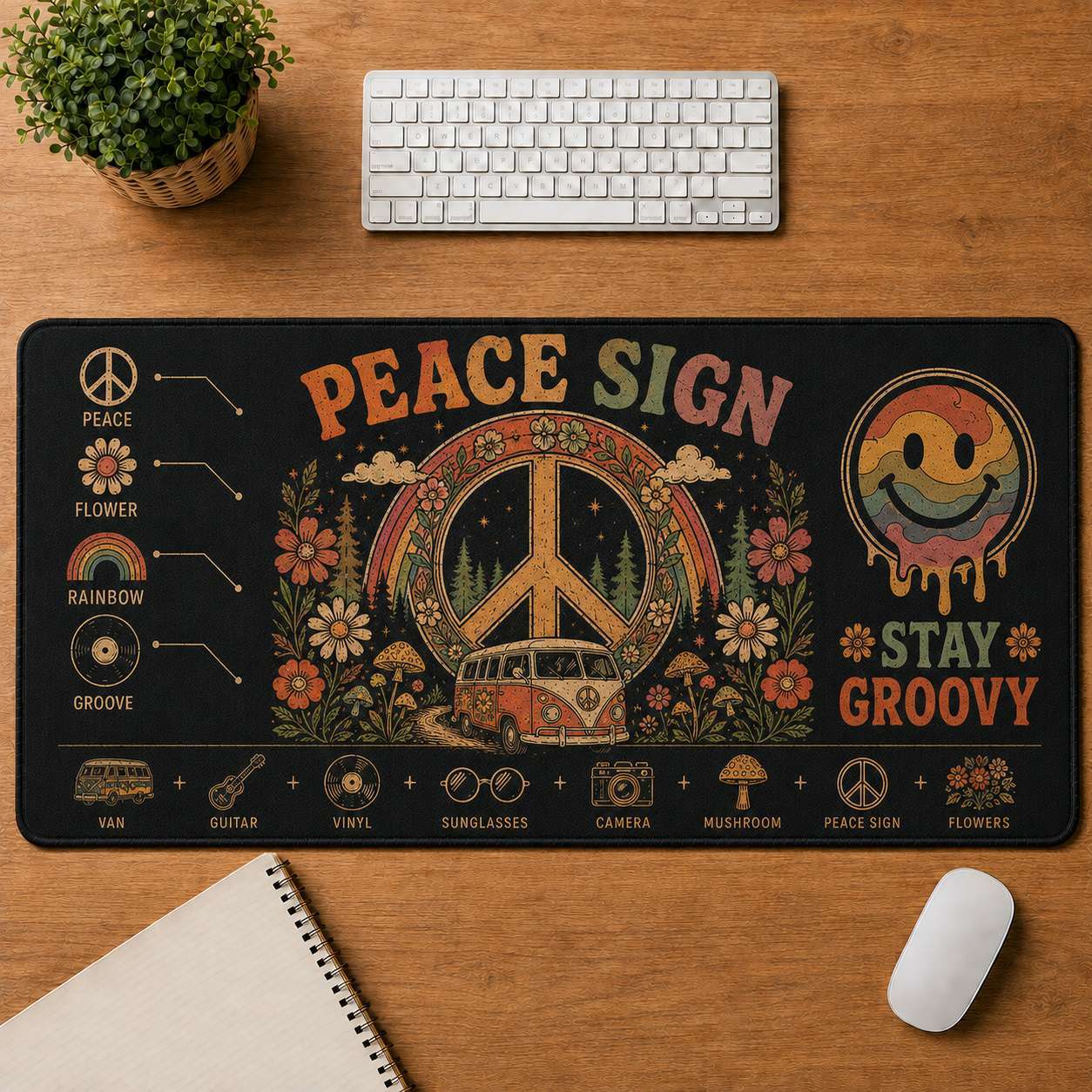 Smiley Face Hippie Desk Mat Mouse Pad | 5To9Vibe - Peace Sign style