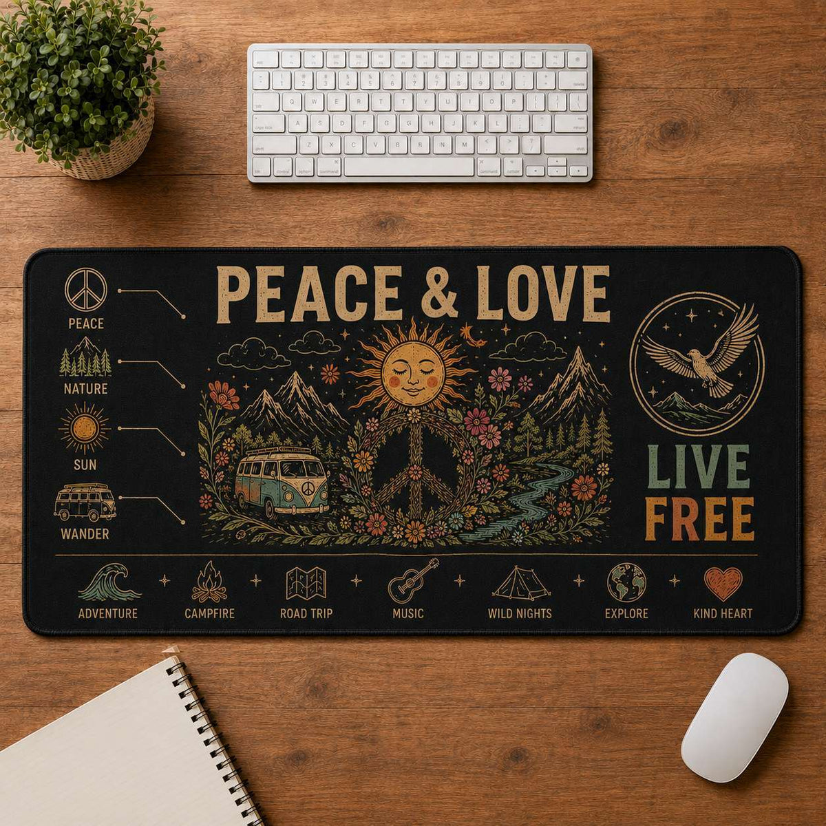 Flower Power Hippie Desk Mat Mouse Pad | 5To9Vibe - Peace & Love style