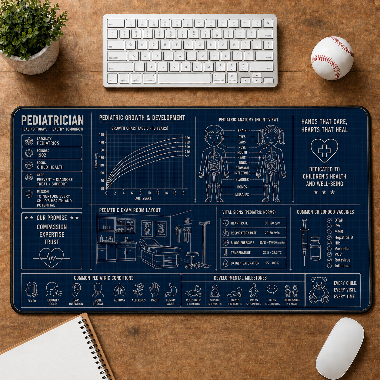 Dental Clinic Blueprint Large Desk Mat - Dentist Chair & Tooth Anatomy Plus Size Mouse Pad - 5to9vibe