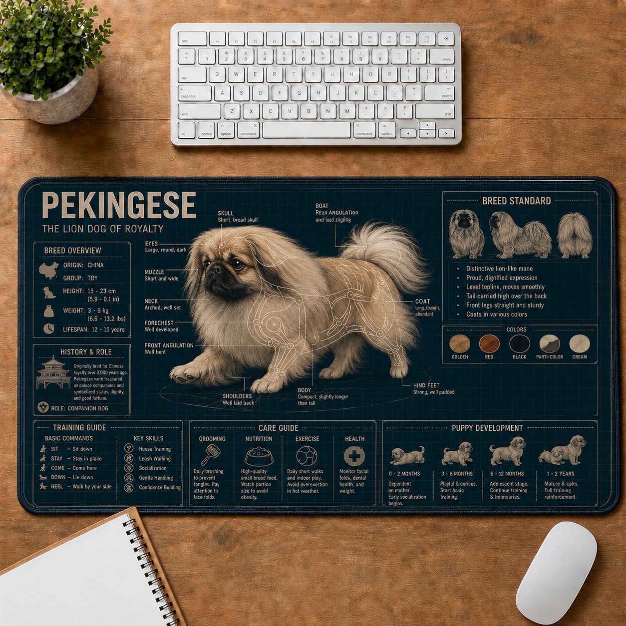 Pekingese Dog Breed Visual Guide Desk Mat | 5To9Vibe