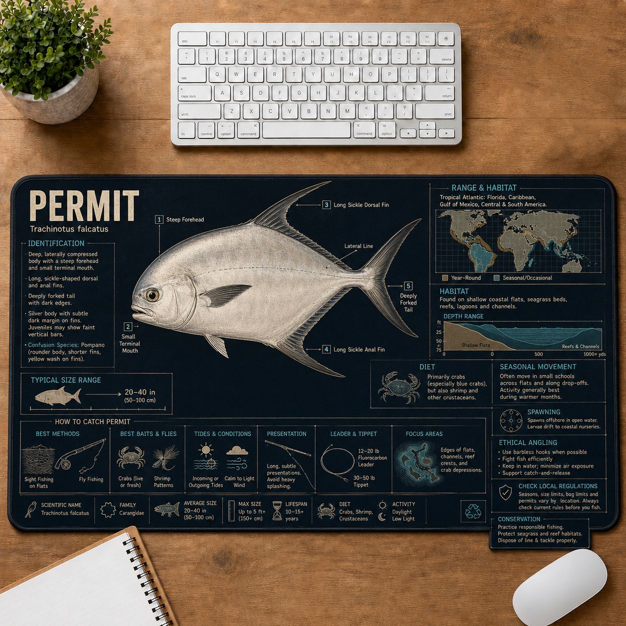 Permit Fish Fishing Field Guide Desk Mat | 5To9Vibe