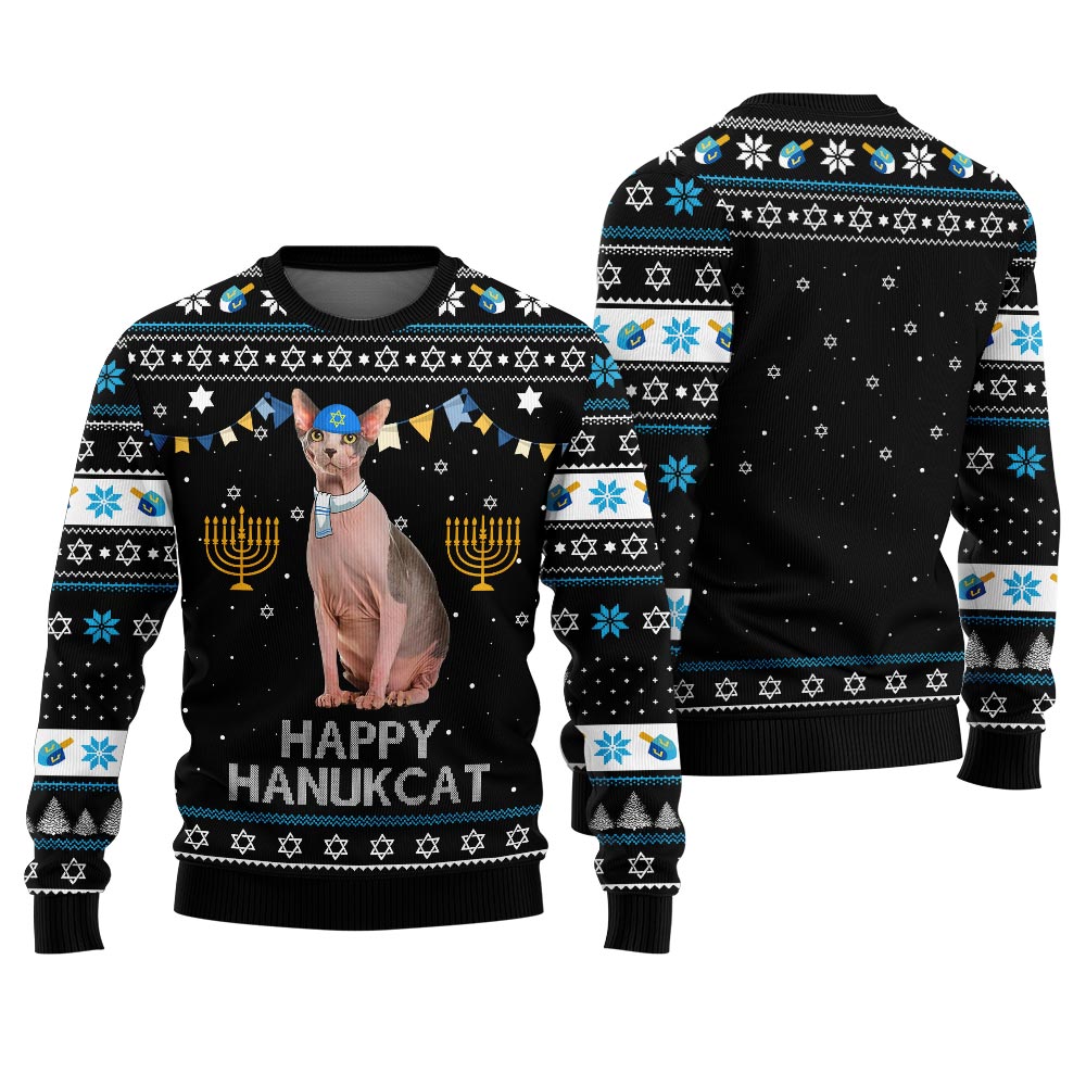 Personalized Cat Ugly Hanukkah Sweater Black