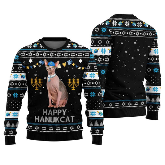 Personalized Cat Ugly Hanukkah Sweater Black