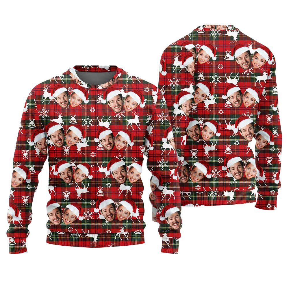 Personalized Couple 2 Faces Christmas Sweater Red Buffalo Plaid