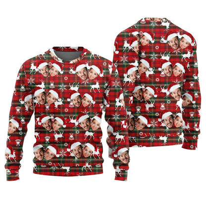 Personalized Couple 2 Faces Christmas Sweater Red Buffalo Plaid