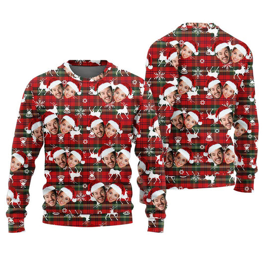 Personalized Couple 2 Faces Christmas Sweater Red Buffalo Plaid
