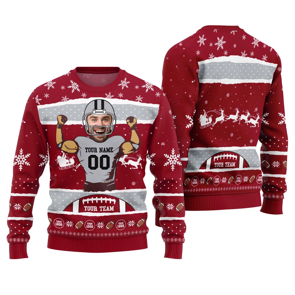 Personalized Face And Name For Football Team Funny Xmas Sweater