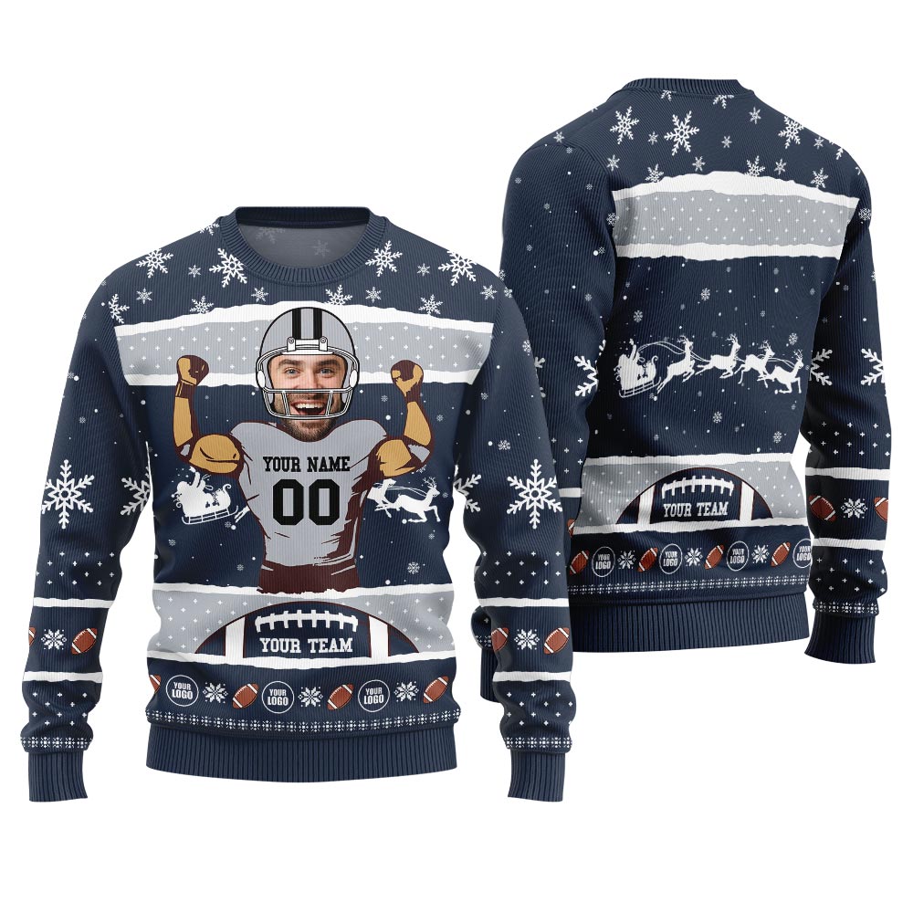 Personalized Face And Name For Football Team Funny Xmas Sweater