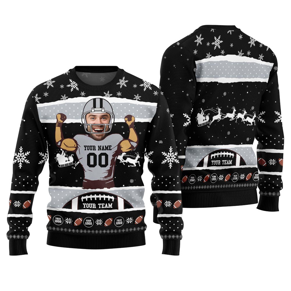 Personalized Face And Name For Football Team Funny Xmas Sweater