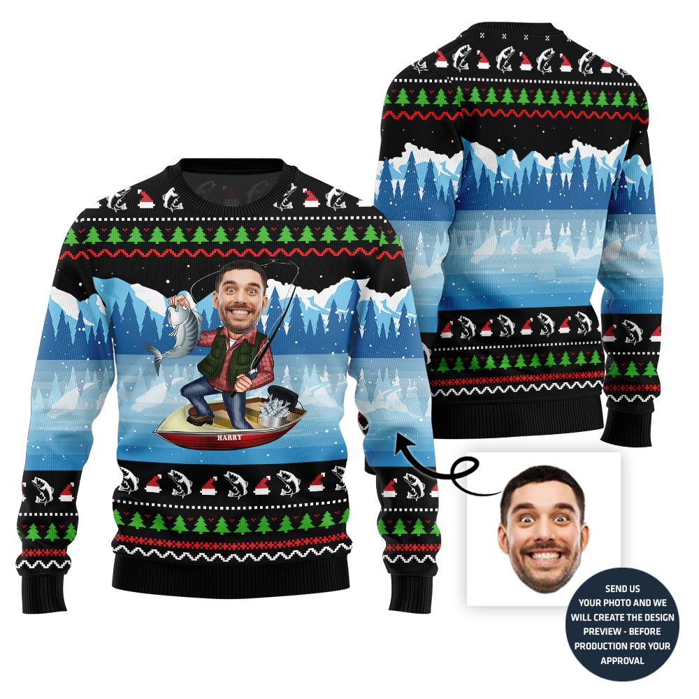 Personalized Face Fishing Ugly Christmas Sweater