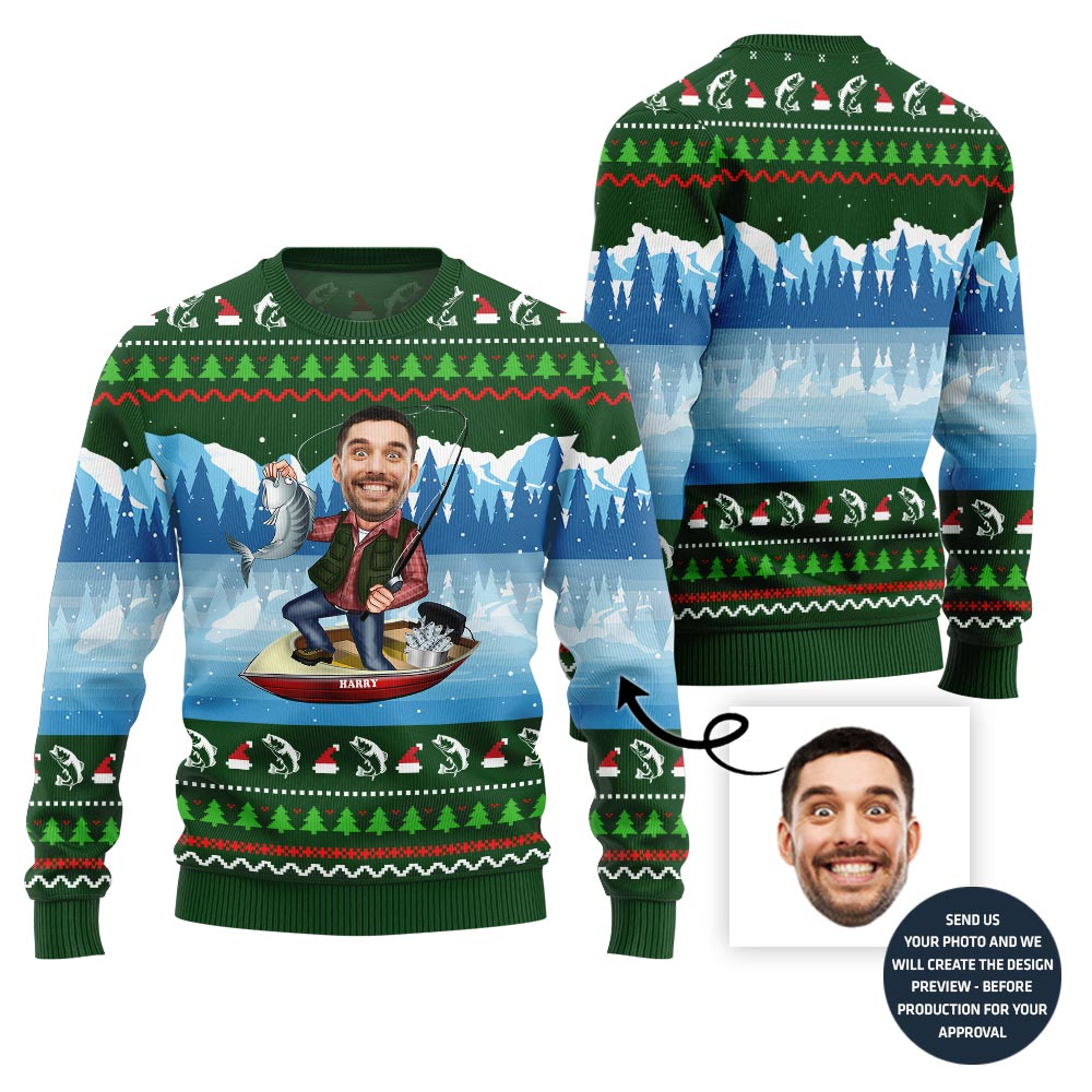Personalized Face Fishing Ugly Christmas Sweater