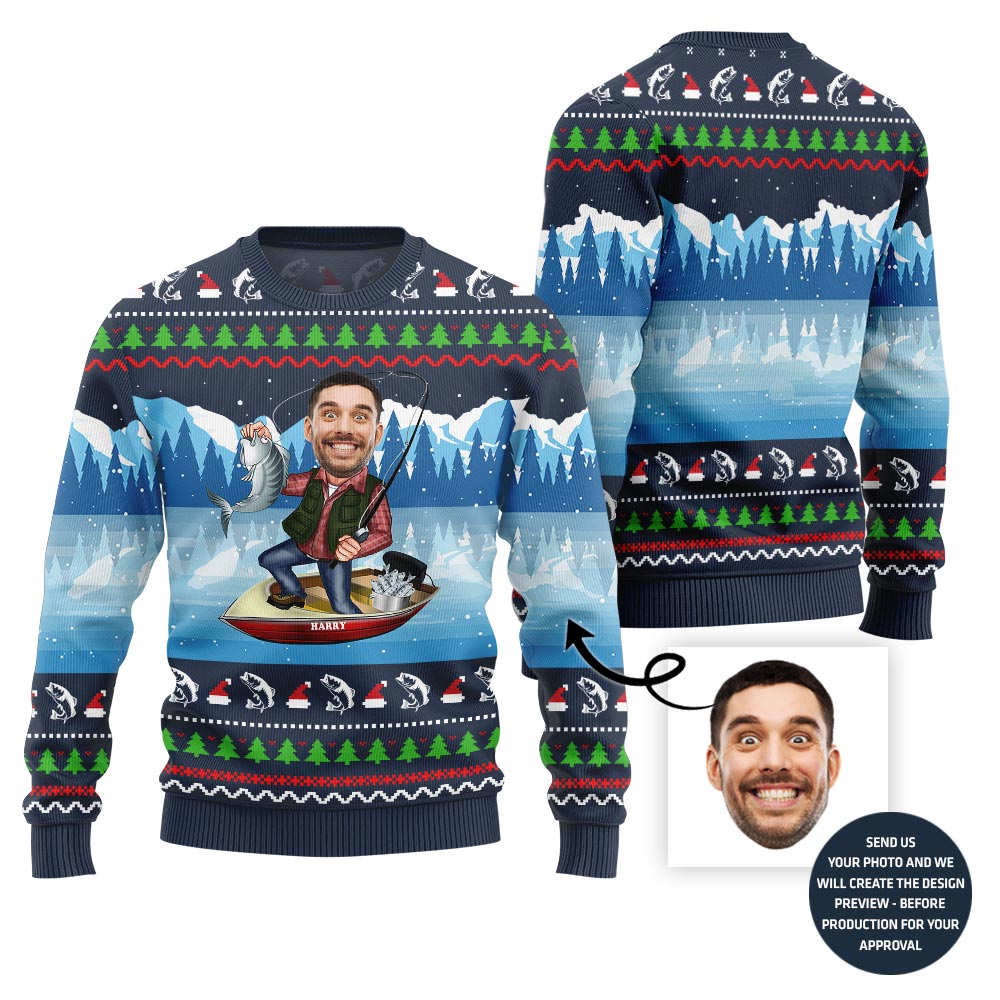 Personalized Face Fishing Ugly Christmas Sweater