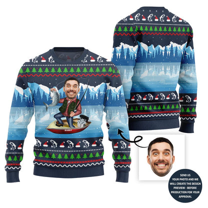 Personalized Face Fishing Ugly Christmas Sweater