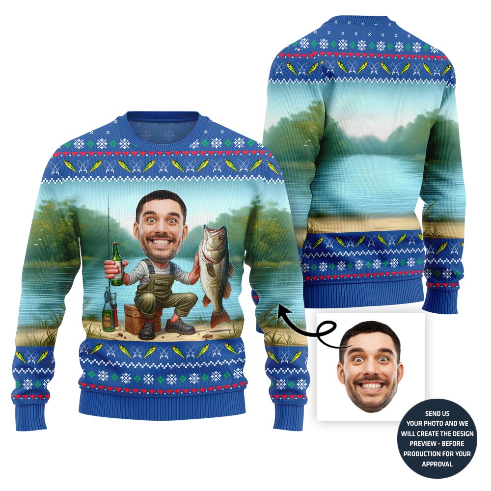 Personalized Face Fishing Ugly Sweater
