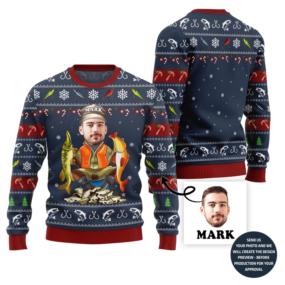Personalized Face Fishing Ugly Xmas Sweater