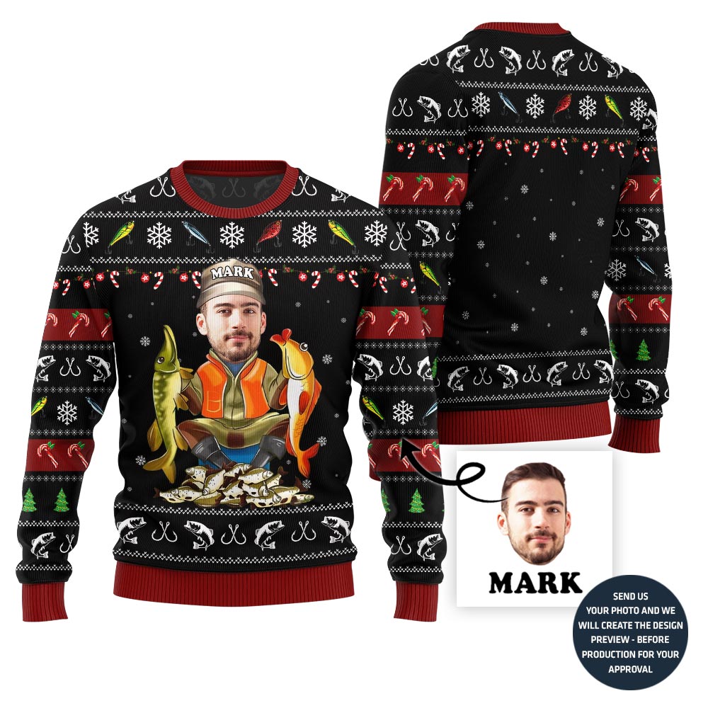 Personalized Face Fishing Ugly Xmas Sweater