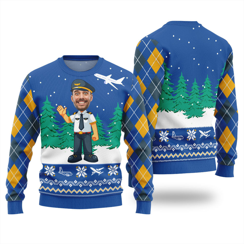 Personalized Face Pilot Funny Christmas Sweaters Royal