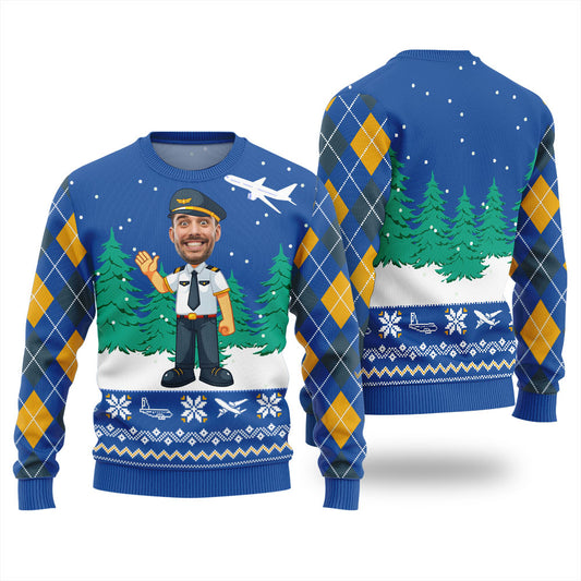 Personalized Face Pilot Funny Christmas Sweaters Royal