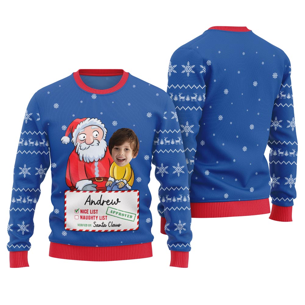 Personalized Face Santa Nice List Ugly Christmas Sweater