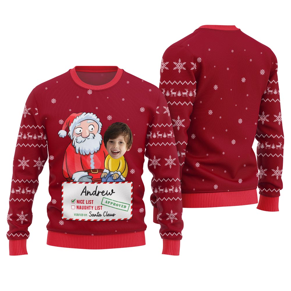 Personalized Face Santa Nice List Ugly Christmas Sweater