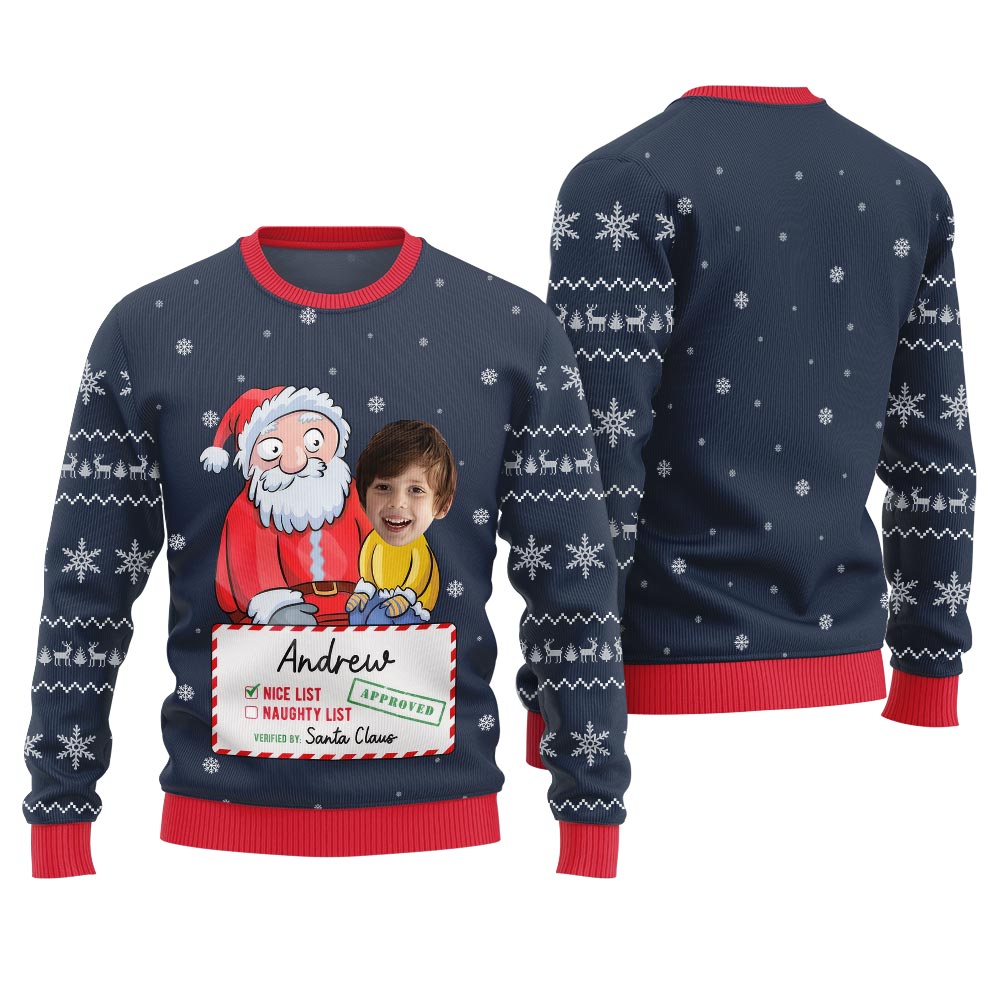 Personalized Face Santa Nice List Ugly Christmas Sweater