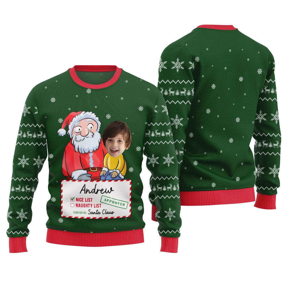 Personalized Face Santa Nice List Ugly Christmas Sweater