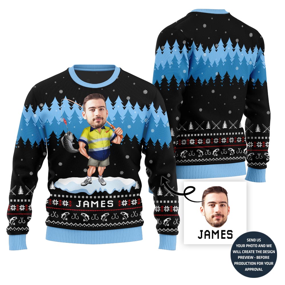 Personalized Face With Name Fishing Ugly Sweater