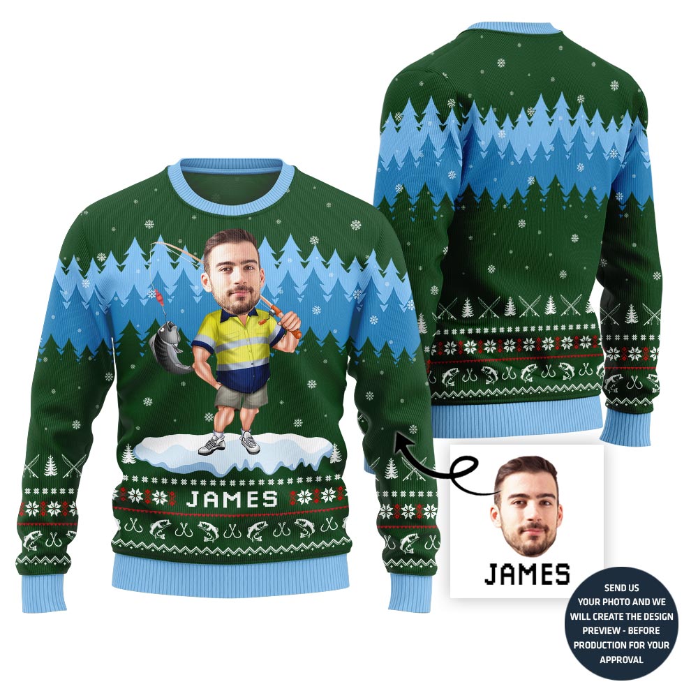 Personalized Face With Name Fishing Ugly Sweater