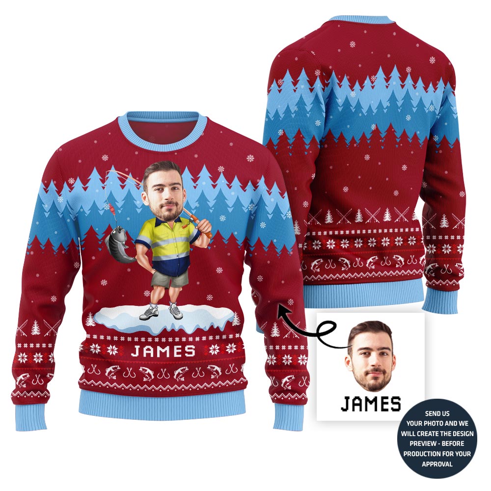 Personalized Face With Name Fishing Ugly Sweater