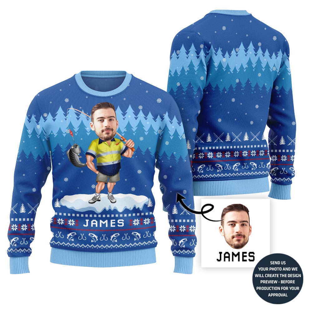 Personalized Face With Name Fishing Ugly Sweater
