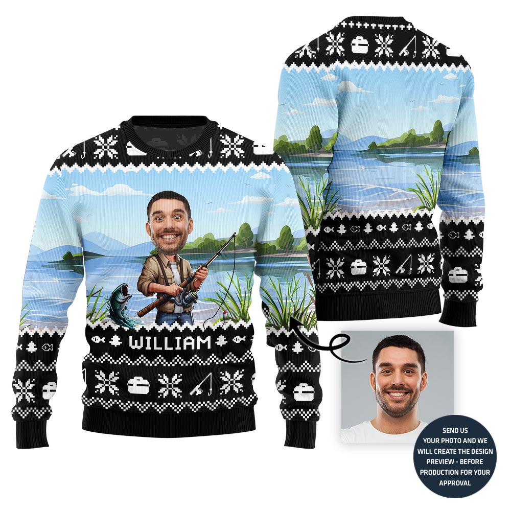 Personalized Face With Name Fishing Ugly Xmas Sweater