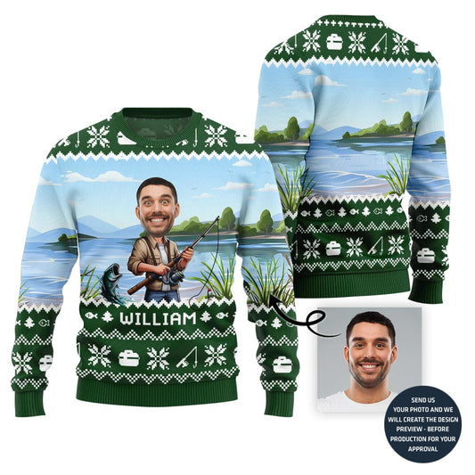 Personalized Face With Name Fishing Ugly Xmas Sweater