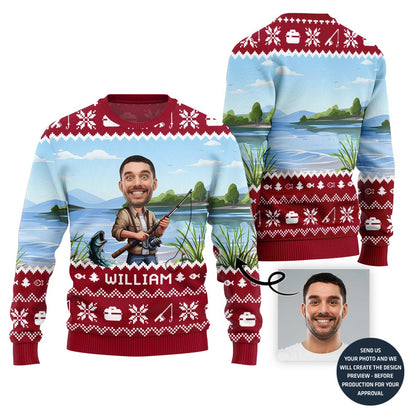 Personalized Face With Name Fishing Ugly Xmas Sweater