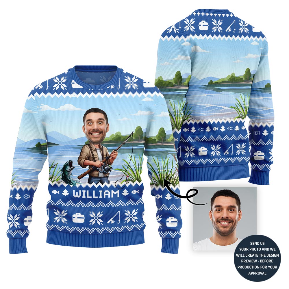 Personalized Face With Name Fishing Ugly Xmas Sweater