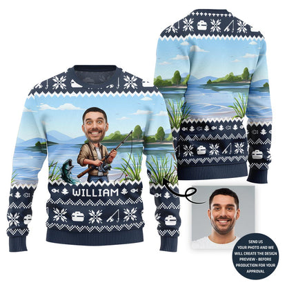 Personalized Face With Name Fishing Ugly Xmas Sweater