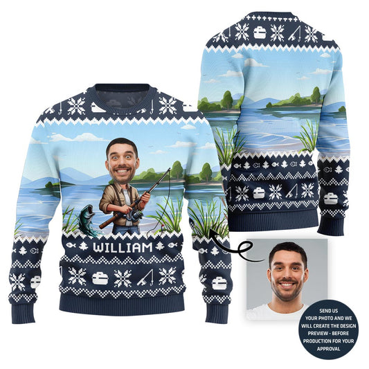Personalized Face With Name Fishing Ugly Xmas Sweater