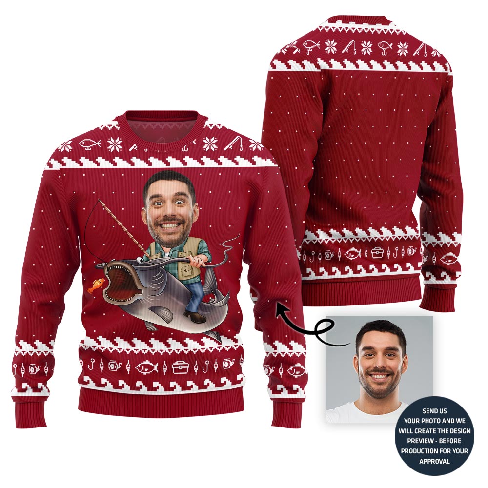 Personalized Funny Face Fishing Christmas Sweater