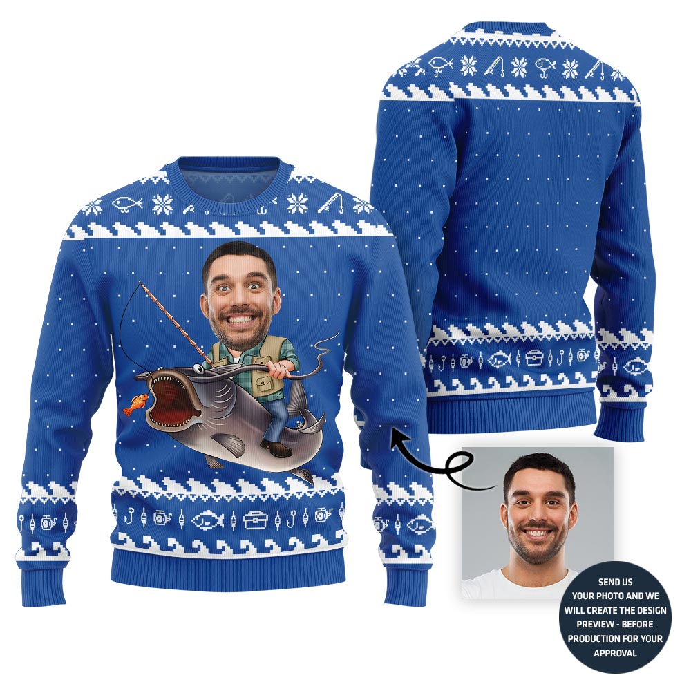 Personalized Funny Face Fishing Christmas Sweater