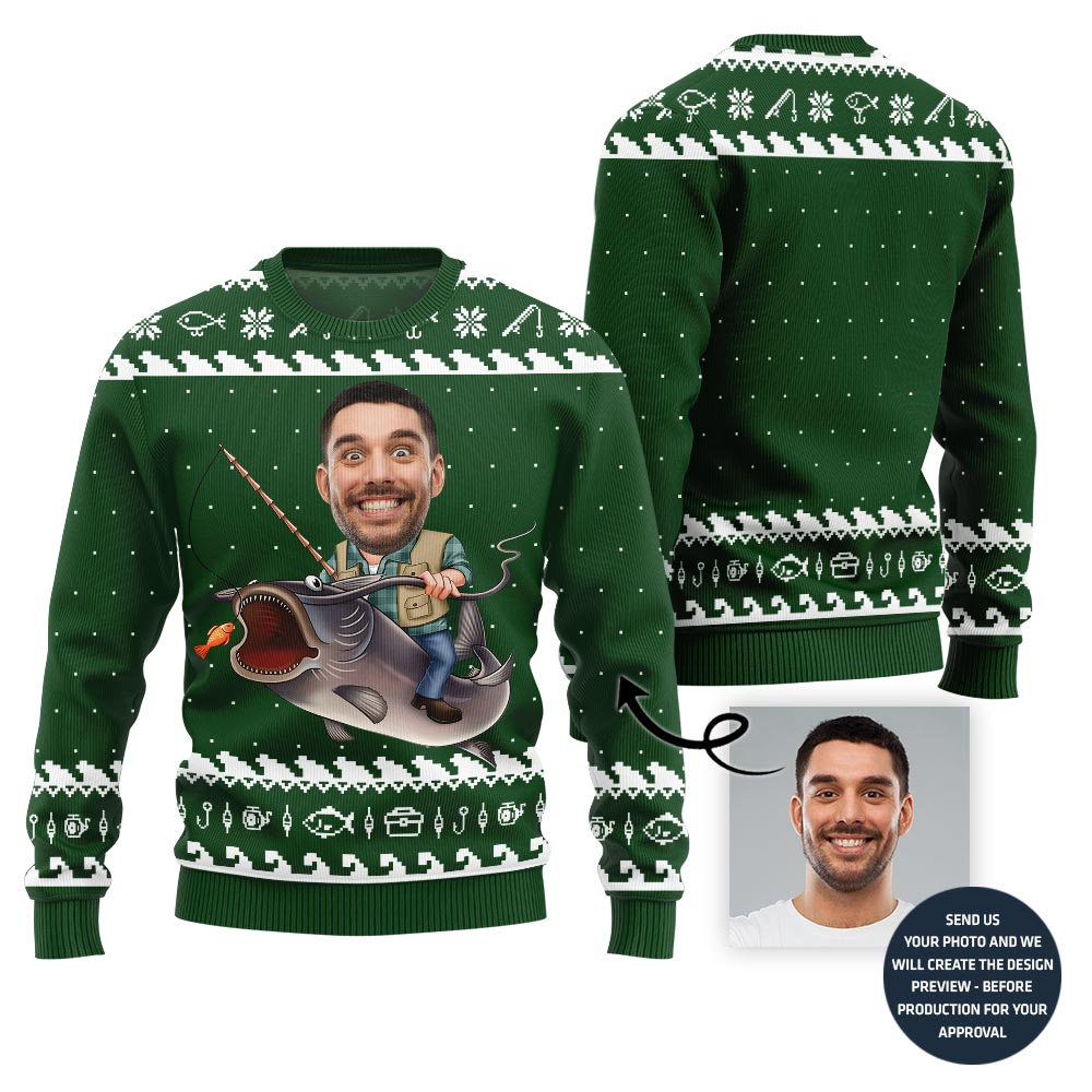 Personalized Funny Face Fishing Christmas Sweater