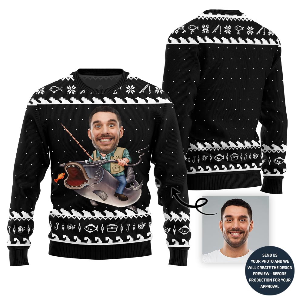 Personalized Funny Face Fishing Christmas Sweater