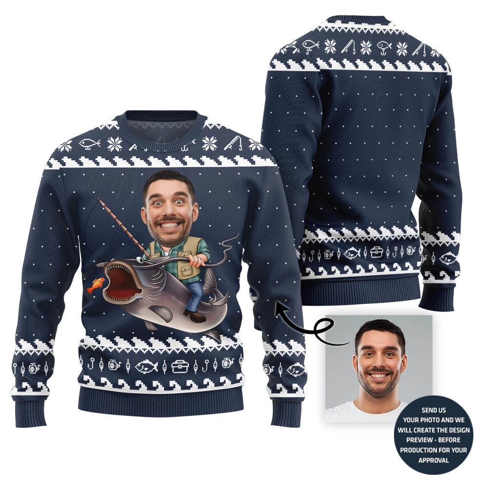 Personalized Funny Face Fishing Christmas Sweater