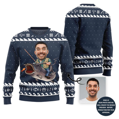 Personalized Funny Face Fishing Christmas Sweater