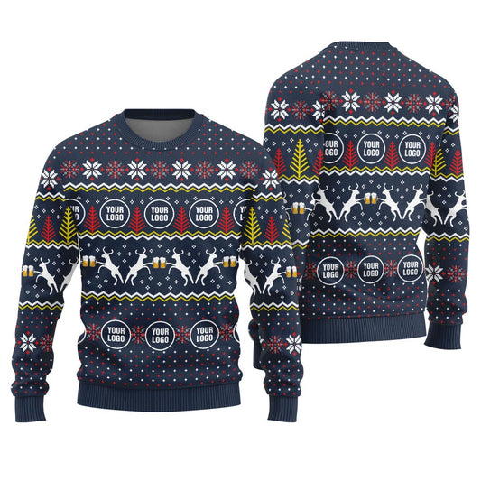 Personalized Logo With Beer Theme Ugly Xmas Sweater Navy