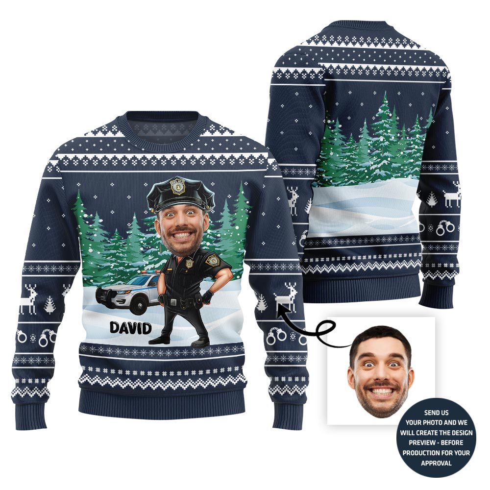 Personalized Police Ugly Xmas Sweater With Face