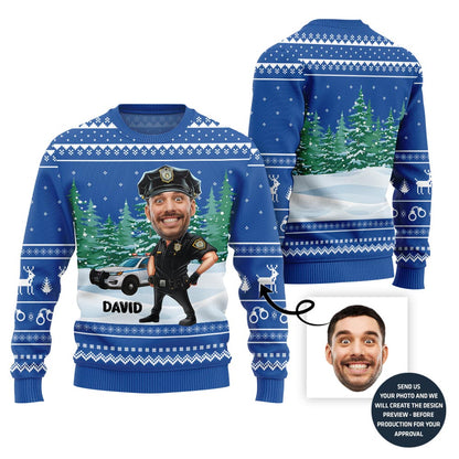 Personalized Police Ugly Xmas Sweater With Face