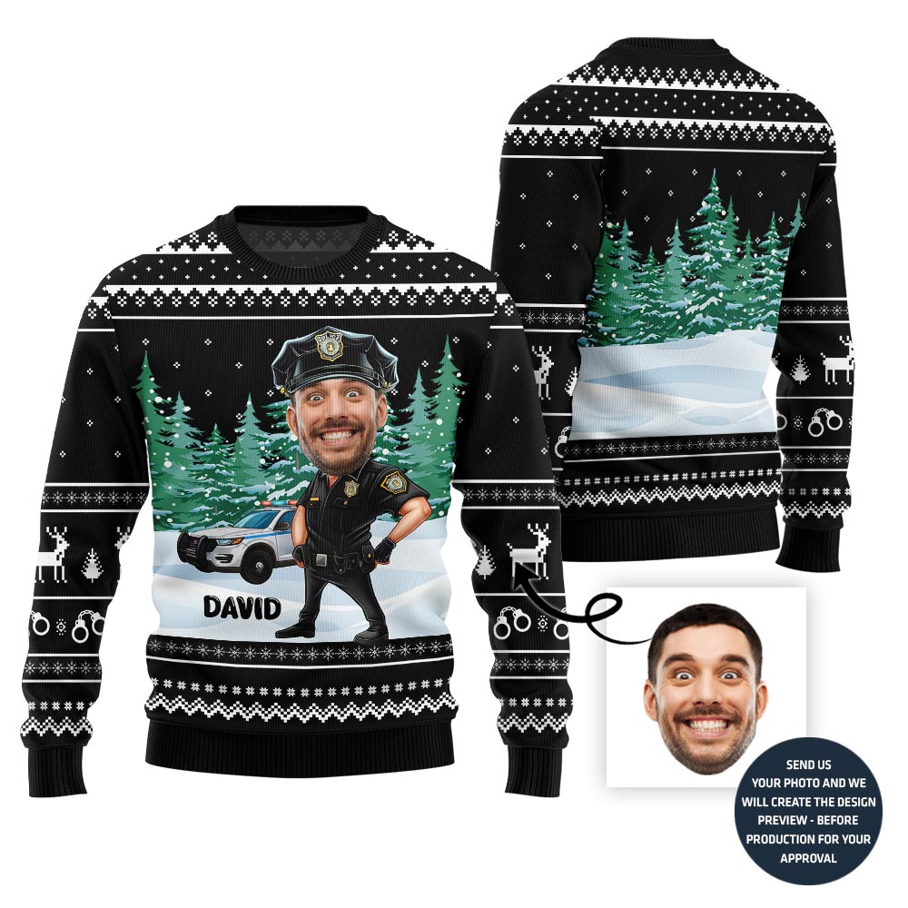 Personalized Police Ugly Xmas Sweater With Face